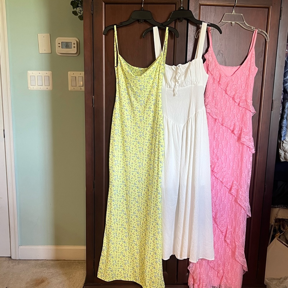 Yellow Floral Slip Dress, White Maxi Dress, Pink Ruffle Lace Dress - 3-Piece Set